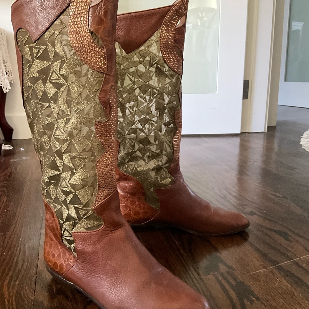 Brown and Green Leather Boots - Picture 2 of 6